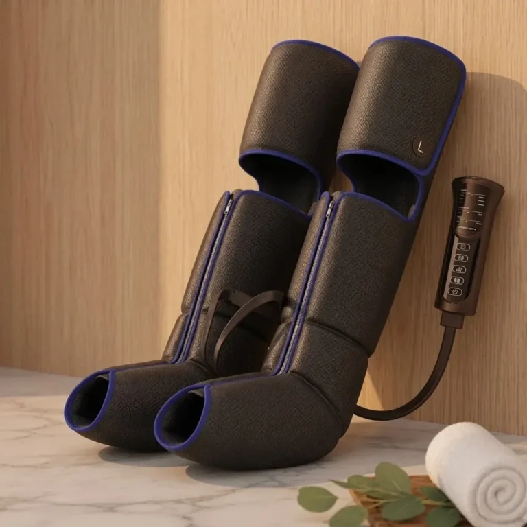 Bottes de pressothérapie gonflées posées debout avec leur télécommande filaire
