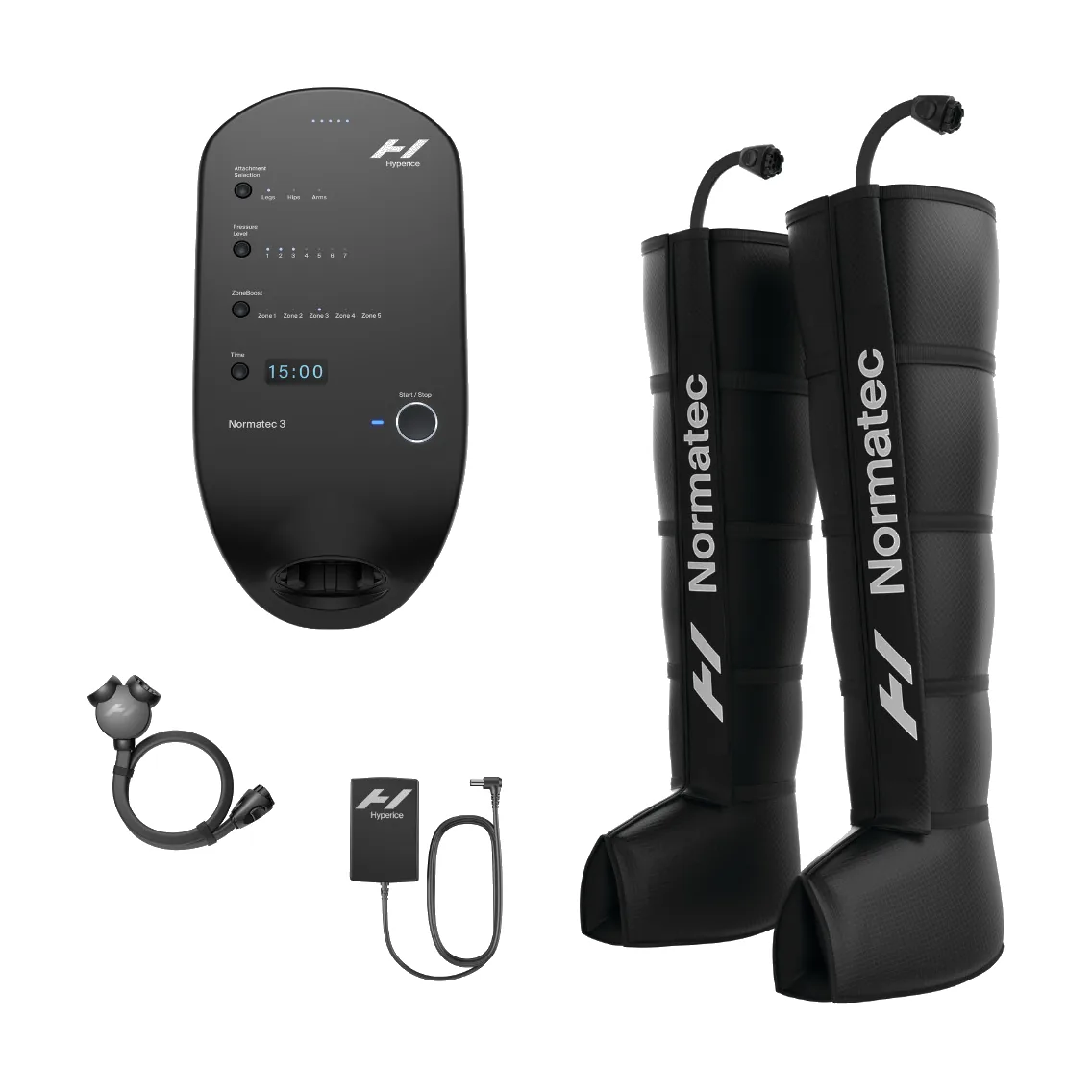Bottes de pressothérapie Hyperice Normatec 3 avec leur boîtier sur fond blanc