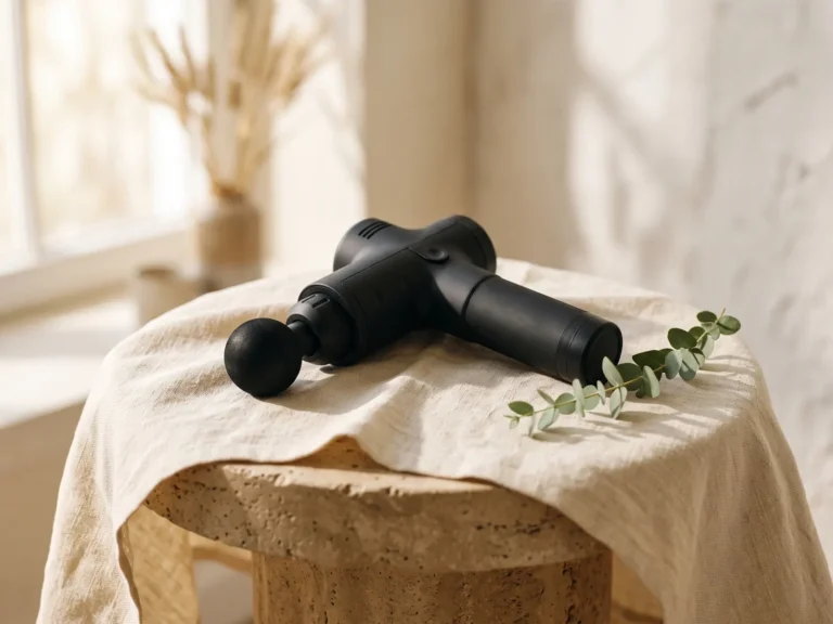 Pistolet de massage posé sur une table en lin crème, avec une branche d'eucalyptus