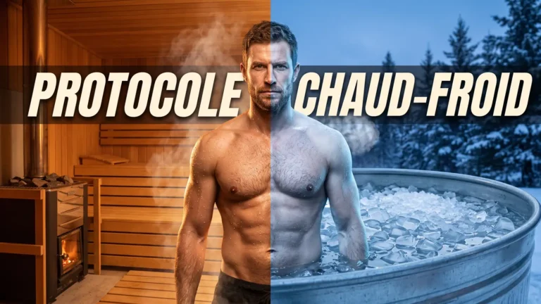 Homme entre un sauna en bois et un bain de glace, illustration du protocole chaud-froid